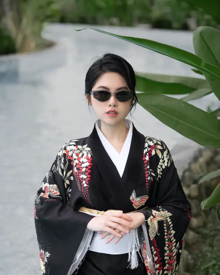 A model in a kimono by the pool, concept shoot at Mikazuki